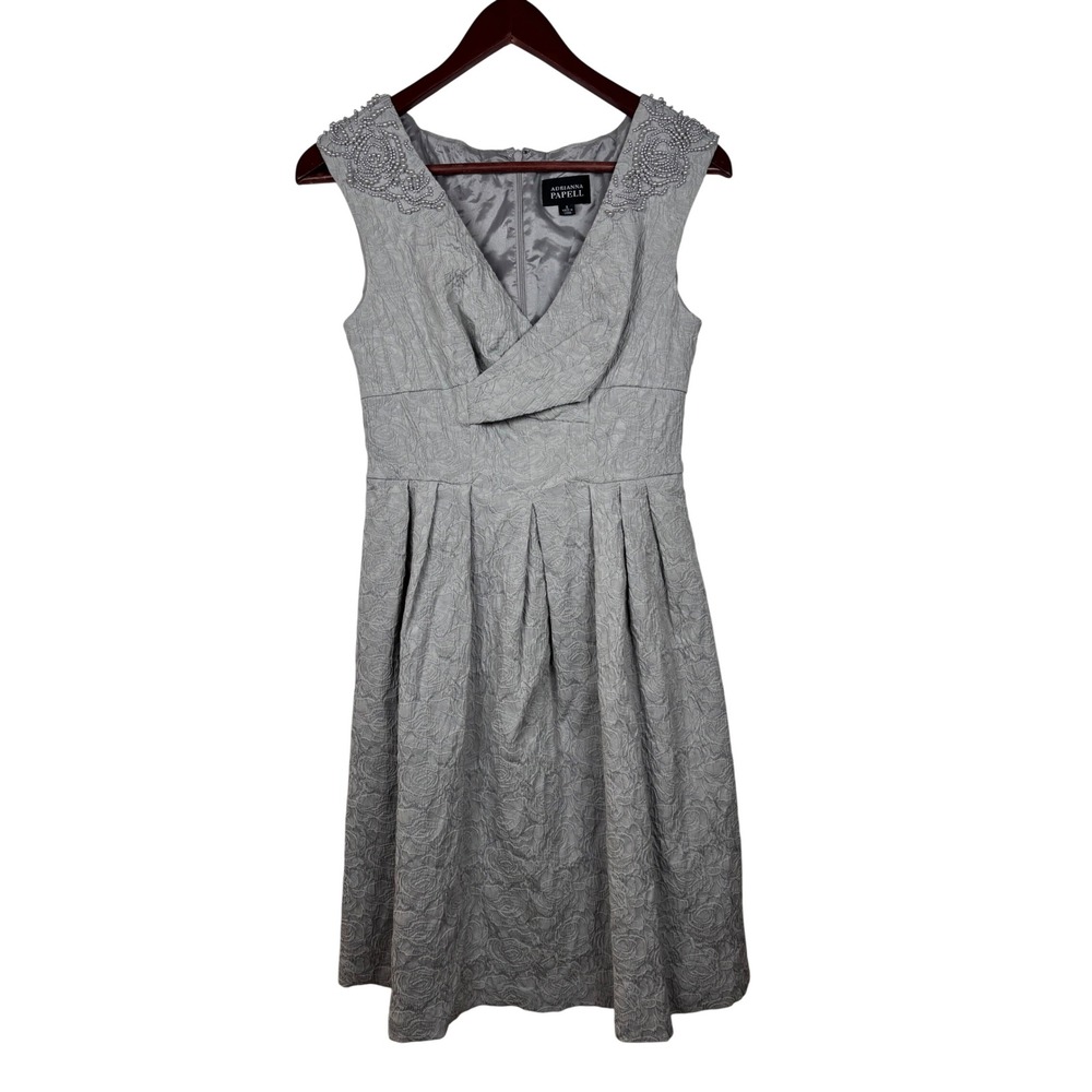 Adrianna Papell Cocktail Dress Womens 6 Silver Beaded Pearl Floral Textured